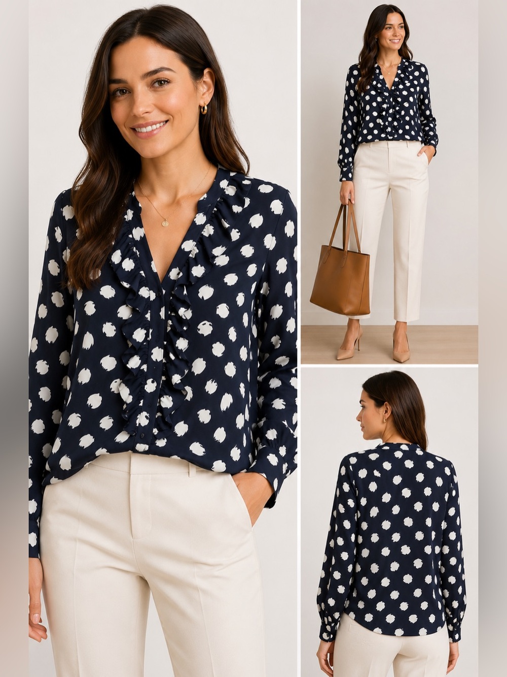 J.Crew Wavy Dot Ruffle Front Blouse Black White Size Small